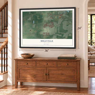 Millville, Delaware map, 24 x 36 inch print in a black frame above a dresser by a staircase