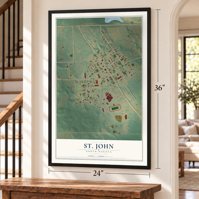 St. John, North Dakota map, 24 x 36 inch print in a black frame by a staircase