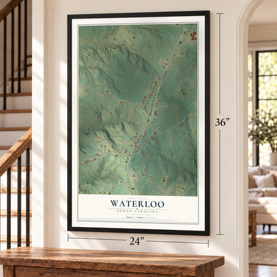 Waterloo, South Carolina map, 24 x 36 inch print in a black frame by a staircase