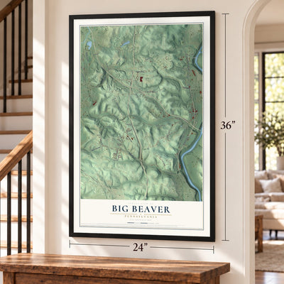 Big Beaver, Pennsylvania map, 24 x 36 inch print in a black frame by a staircase