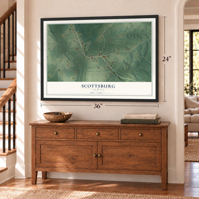 Scottsburg, Virginia map, 24 x 36 inch print in a black frame above a dresser by a staircase