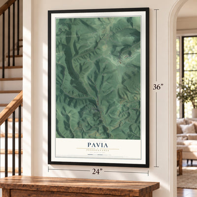 Pavia, Pennsylvania map, 24 x 36 inch print in a black frame by a staircase