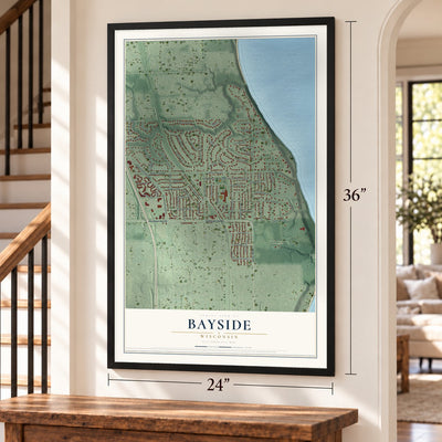 Bayside, Wisconsin map, 24 x 36 inch print in a black frame by a staircase