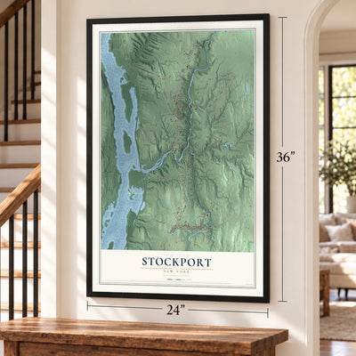 Stockport, New York map, 24 x 36 inch print in a black frame by a staircase