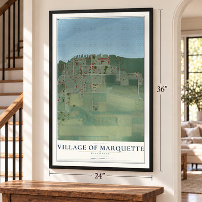 Marquette, Wisconsin map, 24 x 36 inch print in a black frame by a staircase