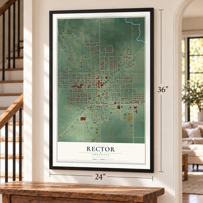 Rector, Arkansas map, 24 x 36 inch print in a black frame by a staircase