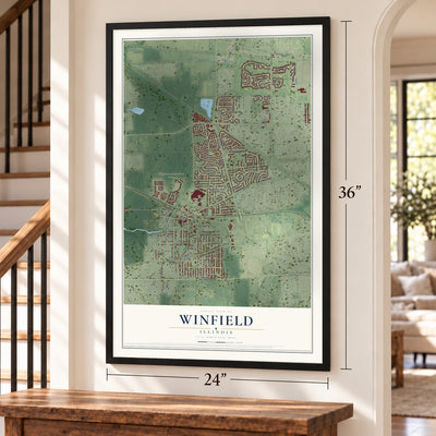Winfield, Illinois map, 24 x 36 inch print in a black frame by a staircase