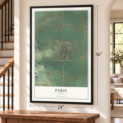 Paris, Idaho map, 24 x 36 inch print in a black frame by a staircase
