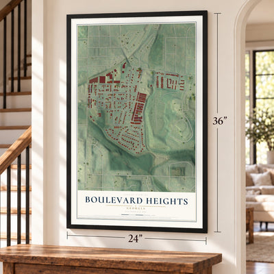 Boulevard Heights, Georgia map, 24 x 36 inch print in a black frame by a staircase