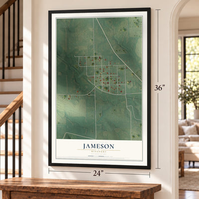 Jameson, Missouri map, 24 x 36 inch print in a black frame by a staircase