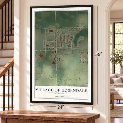 Rosendale, Wisconsin map, 24 x 36 inch print in a black frame by a staircase