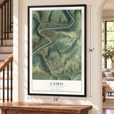 Cairo, West Virginia map, 24 x 36 inch print in a black frame by a staircase