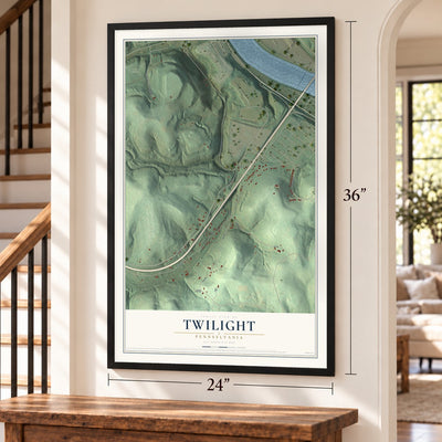 Twilight, Pennsylvania map, 24 x 36 inch print in a black frame by a staircase