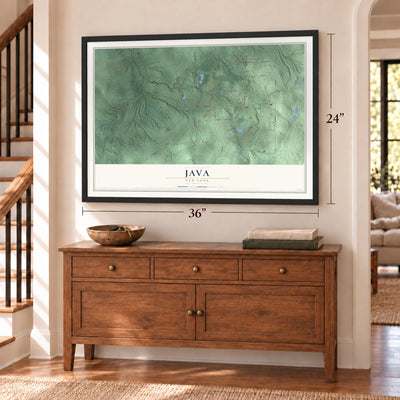 Java, New York map, 24 x 36 inch print in a black frame above a dresser by a staircase