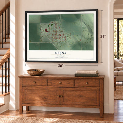 Merna, Nebraska map, 24 x 36 inch print in a black frame above a dresser by a staircase
