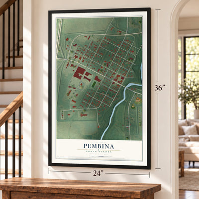 Pembina, North Dakota map, 24 x 36 inch print in a black frame by a staircase