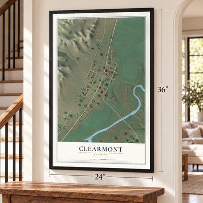 Clearmont, Wyoming map, 24 x 36 inch print in a black frame by a staircase