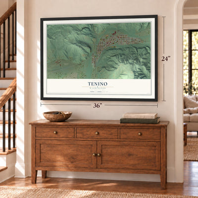 Tenino, Washington map, 24 x 36 inch print in a black frame above a dresser by a staircase