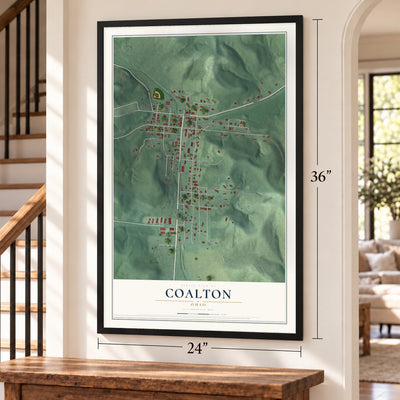 Coalton, Ohio map, 24 x 36 inch print in a black frame by a staircase