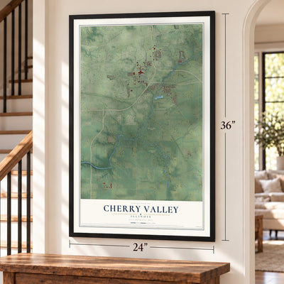 Cherry Valley, Illinois map, 24 x 36 inch print in a black frame by a staircase