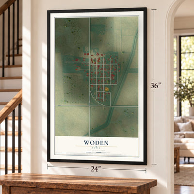 Woden, Iowa map, 24 x 36 inch print in a black frame by a staircase