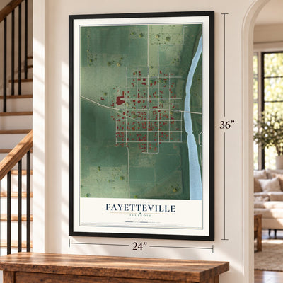 Fayetteville, Illinois map, 24 x 36 inch print in a black frame by a staircase