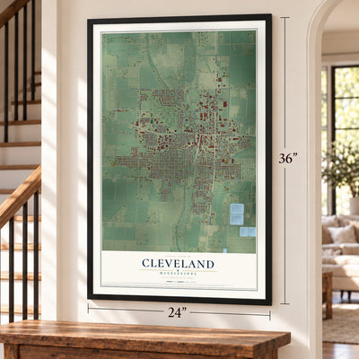 Cleveland, Mississippi map, 24 x 36 inch print in a black frame by a staircase