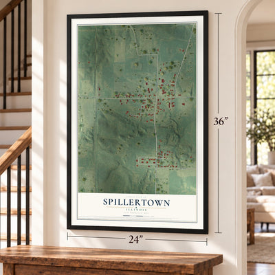 Spillertown, Illinois map, 24 x 36 inch print in a black frame by a staircase