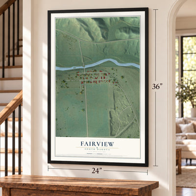 Fairview, South Dakota map, 24 x 36 inch print in a black frame by a staircase