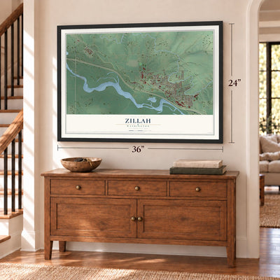 Zillah, Washington map, 24 x 36 inch print in a black frame above a dresser by a staircase