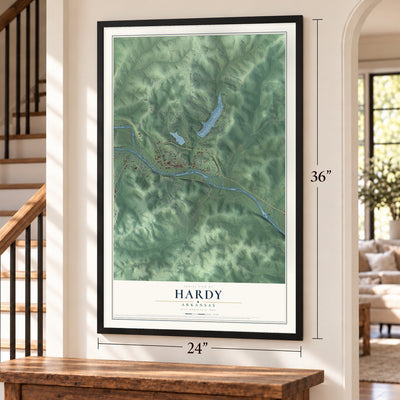 Hardy, Arkansas map, 24 x 36 inch print in a black frame by a staircase