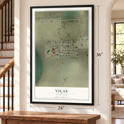 Vilas, Colorado map, 24 x 36 inch print in a black frame by a staircase