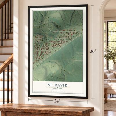 St. David, Illinois map, 24 x 36 inch print in a black frame by a staircase