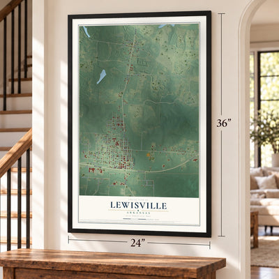 Lewisville, Arkansas map, 24 x 36 inch print in a black frame by a staircase