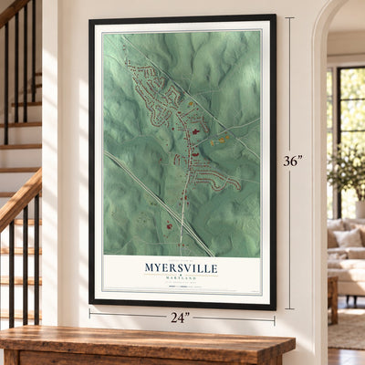Myersville, Maryland map, 24 x 36 inch print in a black frame by a staircase