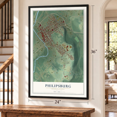 Philipsburg, Pennsylvania map, 24 x 36 inch print in a black frame by a staircase