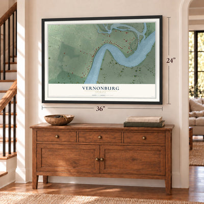 Vernonburg, Georgia map, 24 x 36 inch print in a black frame above a dresser by a staircase