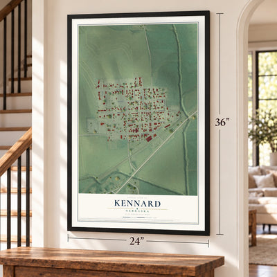 Kennard, Nebraska map, 24 x 36 inch print in a black frame by a staircase