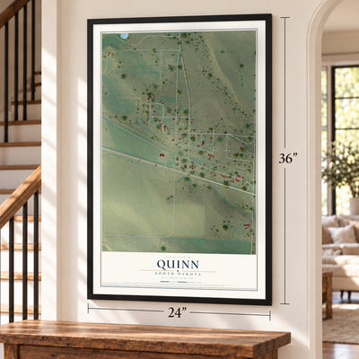 Quinn, South Dakota map, 24 x 36 inch print in a black frame by a staircase