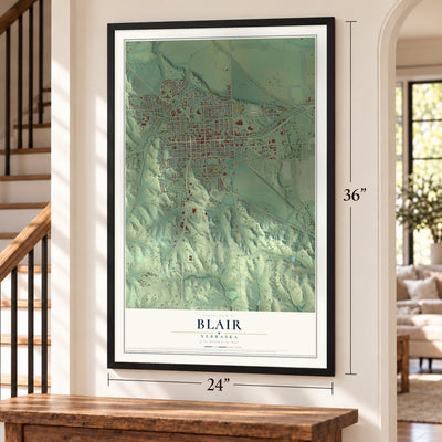 Blair, Nebraska map, 24 x 36 inch print in a black frame by a staircase