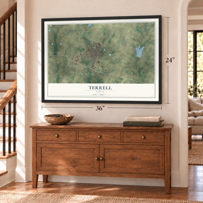 Terrell, Texas map, 24 x 36 inch print in a black frame above a dresser by a staircase