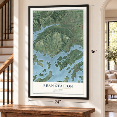 Bean Station, Tennessee map, 24 x 36 inch print in a black frame by a staircase