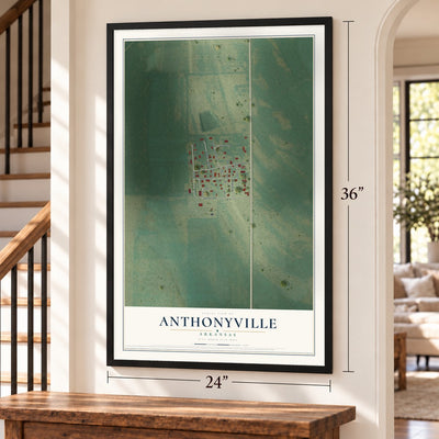 Anthonyville, Arkansas map, 24 x 36 inch print in a black frame by a staircase
