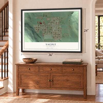 Yacolt, Washington map, 24 x 36 inch print in a black frame above a dresser by a staircase