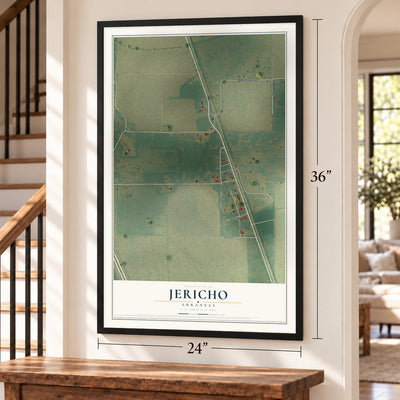Jericho, Arkansas map, 24 x 36 inch print in a black frame by a staircase