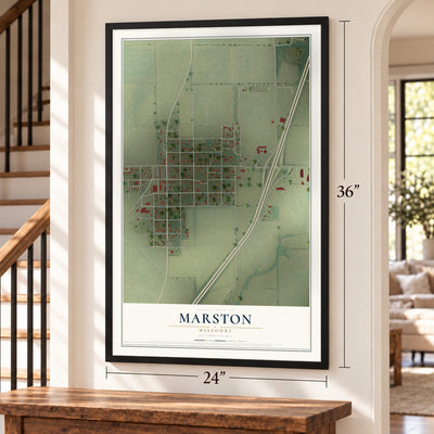Marston, Missouri map, 24 x 36 inch print in a black frame by a staircase