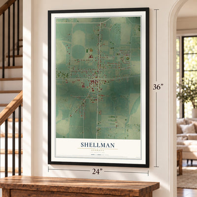 Shellman, Georgia map, 24 x 36 inch print in a black frame by a staircase
