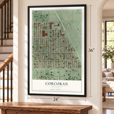 Corcoran, Minneapolis, Minnesota map, 24 x 36 inch print in a black frame by a staircase