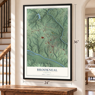 Brookneal, Virginia map, 24 x 36 inch print in a black frame by a staircase