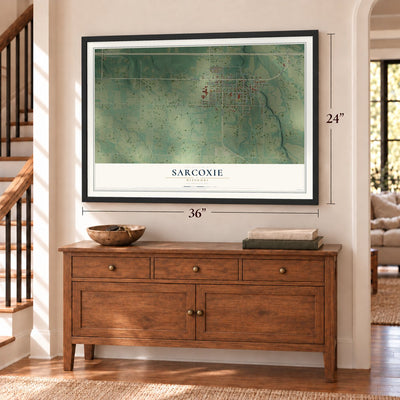 Sarcoxie, Missouri map, 24 x 36 inch print in a black frame above a dresser by a staircase